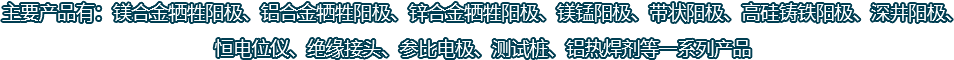 主要產(chǎn)品有：鎂合金犧牲陽(yáng)極、鋁合金犧牲陽(yáng)極、鋅合金犧牲陽(yáng)極、鎂錳陽(yáng)極、帶狀陽(yáng)極、高硅鑄鐵陽(yáng)極、深井陽(yáng)極、恒電位儀、絕緣接頭、參比電極、測(cè)試樁、鋁熱焊劑等一系列產(chǎn)品